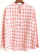 Romwe Stand Collar Dip Hem With Pcokets Plaid Pink Blouse