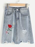 Romwe Floral Embroidered Raw Cut Ripped A Line Skirt