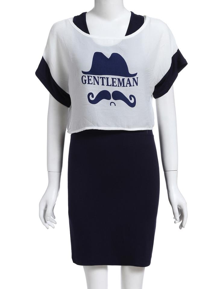 Romwe Mustache Print Top With Slim Dress