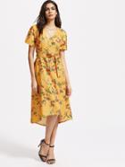 Romwe Yellow Floral V Neck Dress With Self Tie