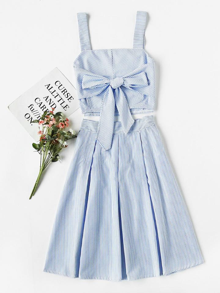 Romwe Striped Bow Tie Crop Cami Top With Box Pleated Skirt