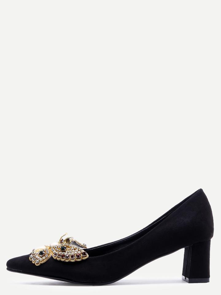 Romwe Black Pointed Toe Rhinestone Pumps