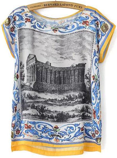 Romwe Multicolor Short Sleeve Building Print T-shirt