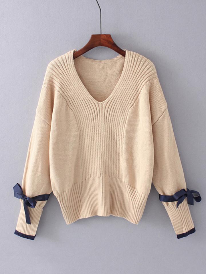 Romwe Contrast Bow Tie V Cut Sweater