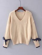 Romwe Contrast Bow Tie V Cut Sweater
