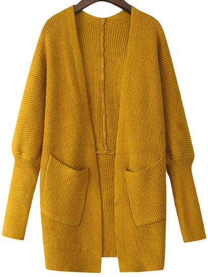 Romwe Pockets Dolman Yellow Cardigan