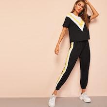 Romwe Chevron Top And Contrast Sideseam Sweatpants Set
