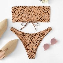 Romwe Random Dot Print Lace-up Bandeau With High Leg Bikini