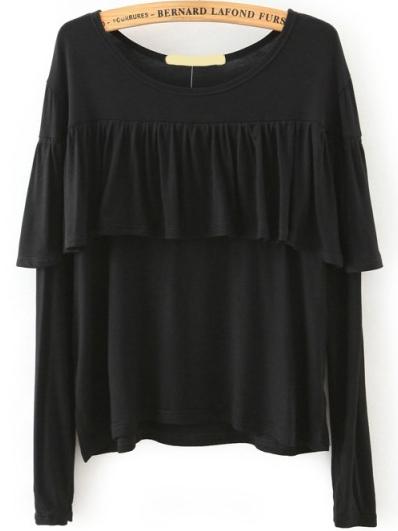 Romwe Long Sleeve Ruffle Detail Black T-shirt