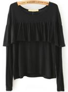 Romwe Long Sleeve Ruffle Detail Black T-shirt