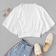 Romwe Contrast Lace V Neck Solid Top