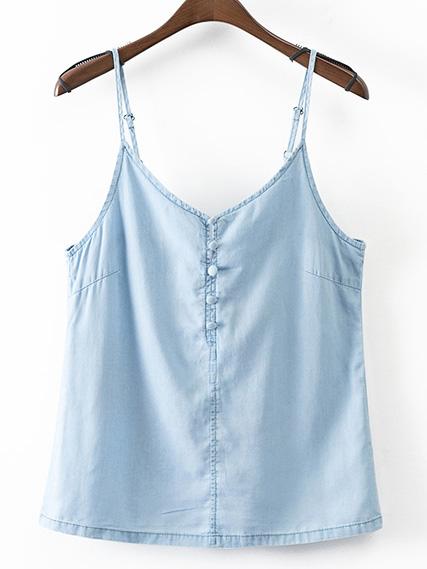 Romwe Blue Adjustable Strap Buttons Hollow Bow Tie Back Blouse