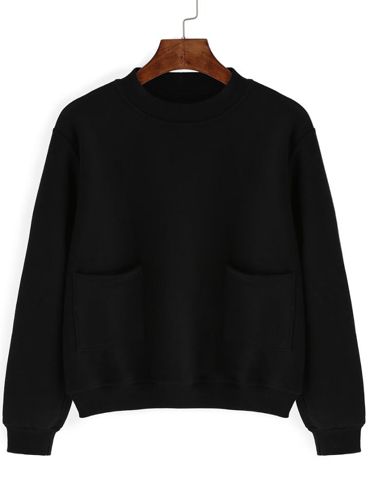Romwe Crew Neck Black Sweatshirt With Pockets