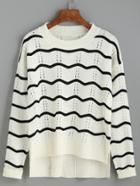 Romwe White Wave Stripe Drop Shoulder Eyelet Sweater