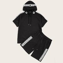 Romwe Guys Chevron Pattern Drawstring Hoodie & Shorts Set
