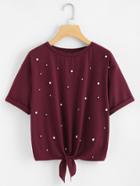Romwe Pearl Embellished Knot Front Tee