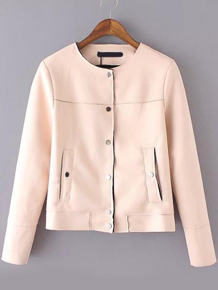 Romwe Round Neck Suede Pockets Pink Jacket