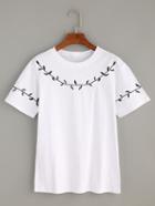 Romwe White Leaf Branch Embroidered T-shirt
