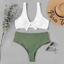 Romwe Plus Two Tone High Waist Bikini Set