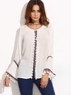 Romwe White Tribal Embroidered Fringe Trim Flare Top