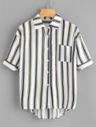 Romwe Dip Hem Striped Shirt With Chest Pocket