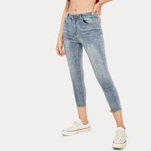 Romwe Raw Hem Button And Pocket Detail Jeans