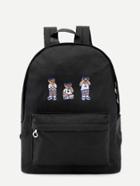 Romwe Bear Embroidery Pocket Front Nylon Backpack