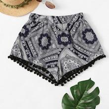 Romwe Pom Pom Hem Graphic Print Shorts