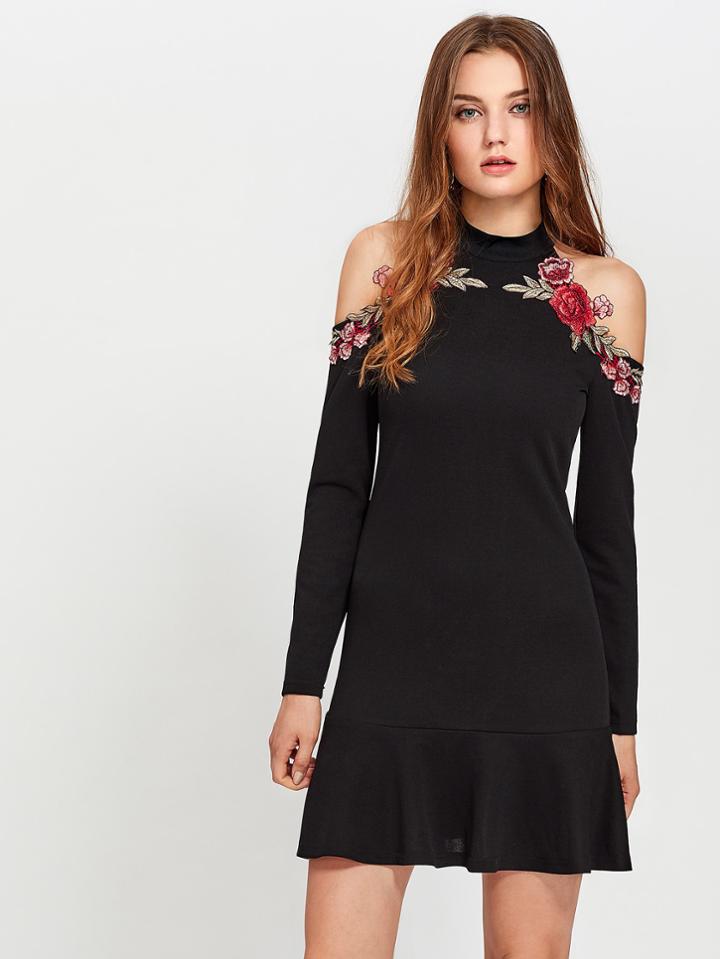 Romwe Embroidered Rose Patch Open Shoulder Frill Hem Dress