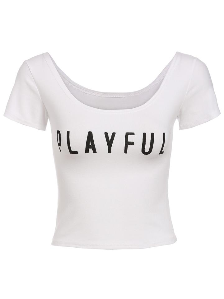 Romwe White Scoop Neck Letters Print Crop T-shirt