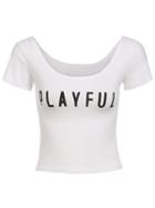 Romwe White Scoop Neck Letters Print Crop T-shirt