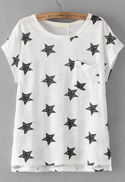 Romwe With Pocket Star Print Black T-shirt