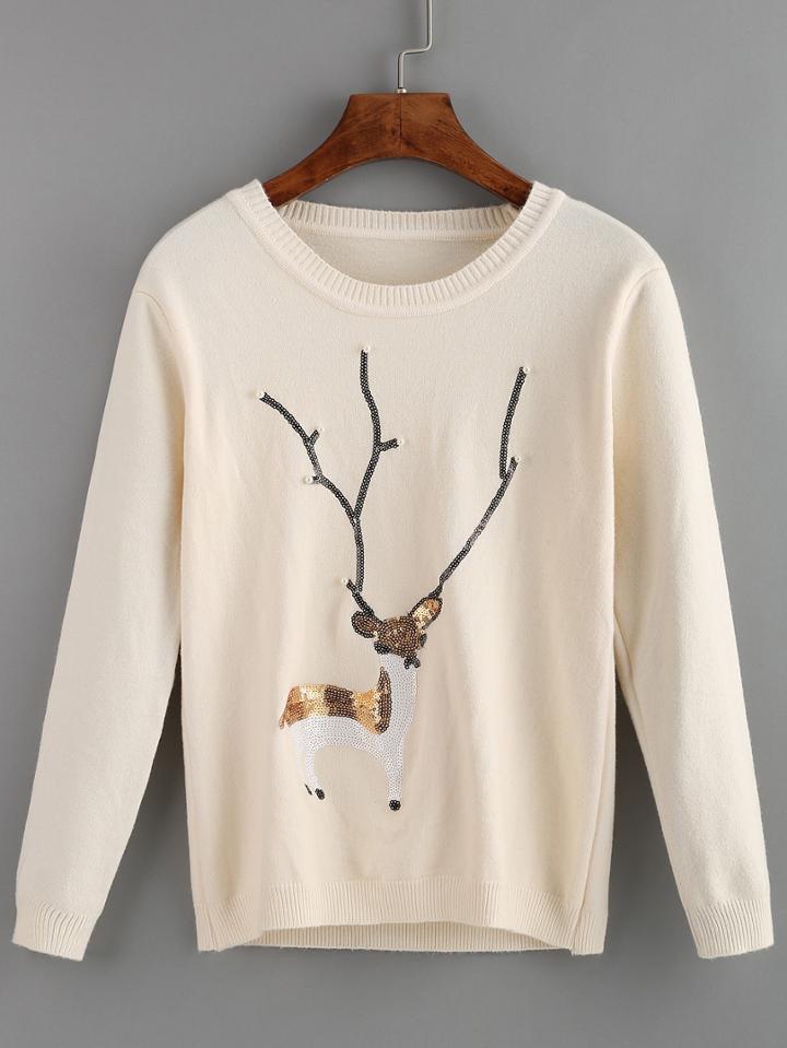 Romwe Sequined Deer Patterned Apricot Sweater