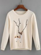 Romwe Sequined Deer Patterned Apricot Sweater
