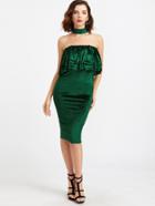 Romwe Dark Green Velvet Choker Neck Ruffle Tiered Pencil Dress