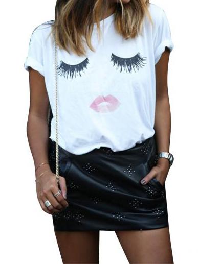 Romwe White Short Sleeve Eyelash Lip Print T-shirt