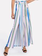 Romwe Ruffle Waist Self Belted Striped Wide Leg Pants