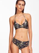 Romwe Black Floral Printed Halter Cutout Bikini Set