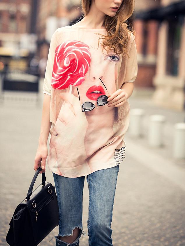 Romwe Apricot Portrait Print Dolman Sleeve Chiffon Blouse