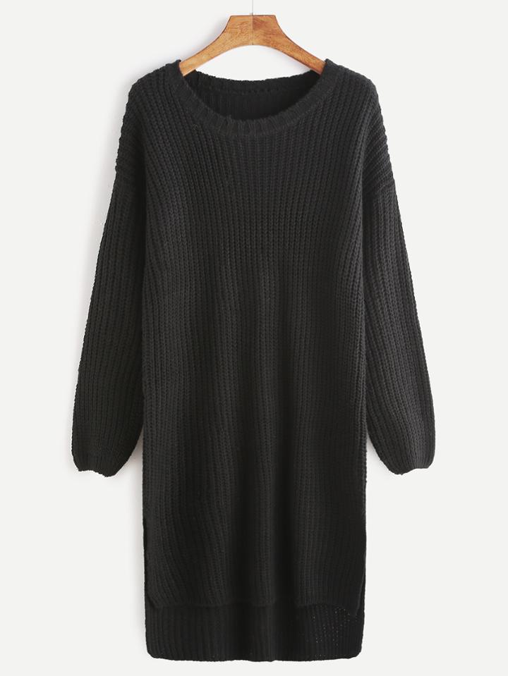Romwe Black Drop Shoulder Dip Hem Split Side Sweater