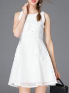 Romwe White Beading Embroidered Hollow Dress