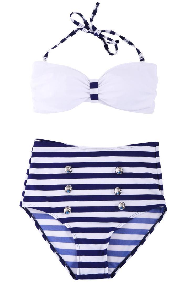 Romwe Romwe Blue & White Stripe Print High-waist Halter Bikini