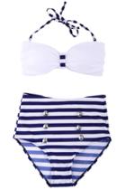 Romwe Romwe Blue & White Stripe Print High-waist Halter Bikini