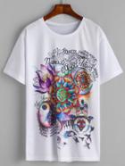 Romwe White Lotus And Letter Print T-shirt