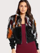 Romwe Zipper Up Colorful Faux Fur Coat