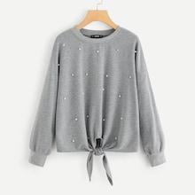 Romwe Drop Shoulder Pearls Beaded Knot Pullover