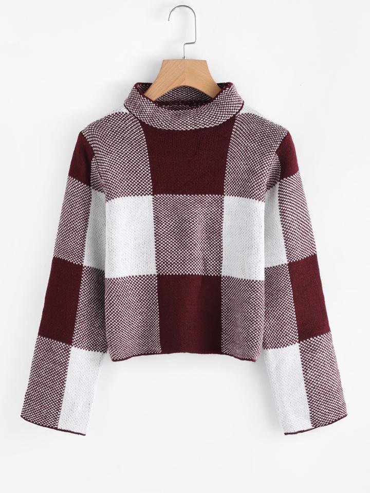 Romwe High Neck Gingham Crop Sweater