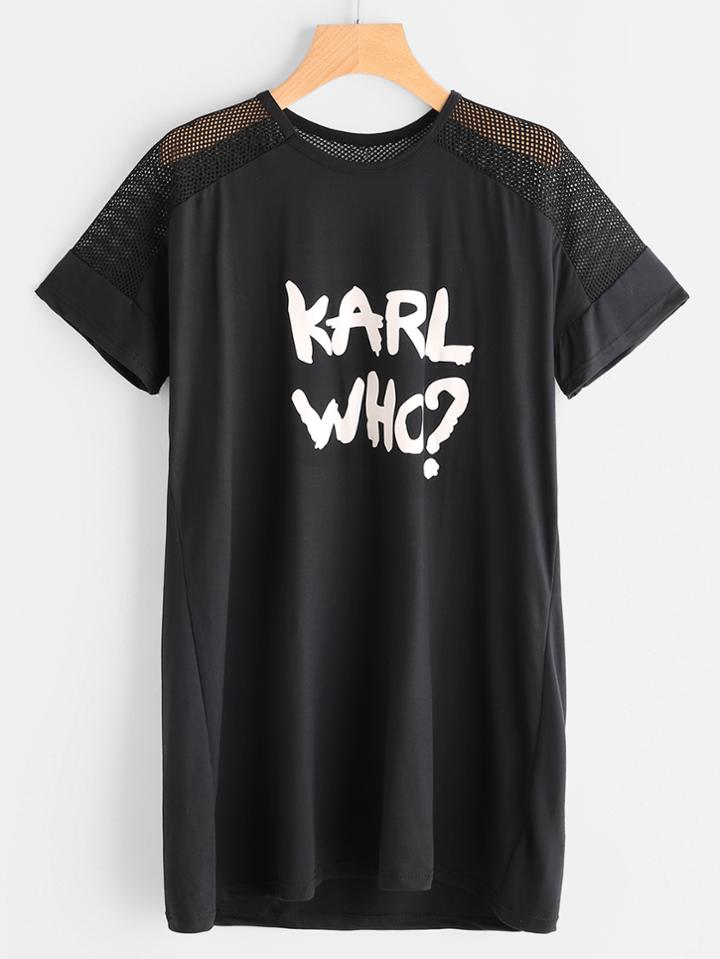Romwe Graphic Print Contrast Fishnet T-shirt Dress