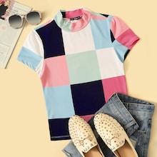 Romwe Mock-neck Patchwork Tee
