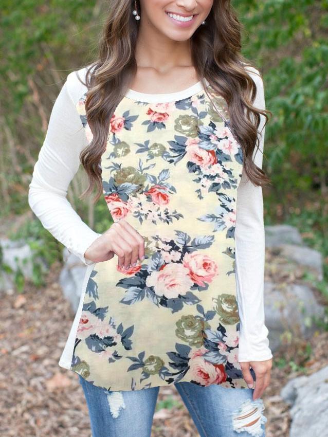 Romwe Long Sleeve Florals Beige T-shirt